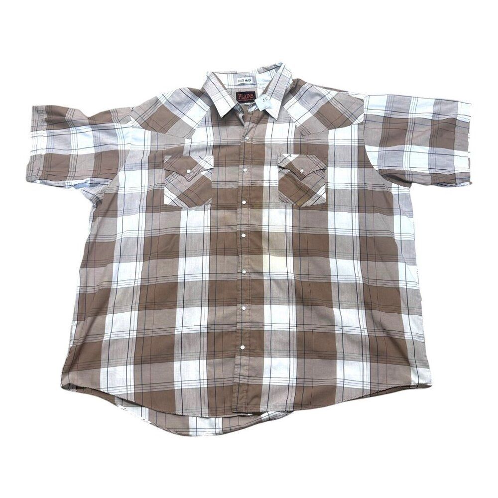Plains Western Wear Big Man Plaid Button-Up Shirt 3X Brown & White Short Sleeve